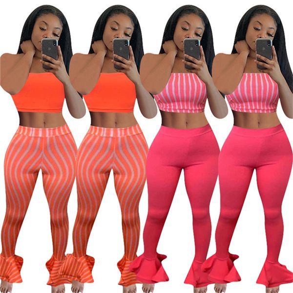 

women striped tracksuit strapless 2 piece sets sleeveless crop uffle leggings summer clothing casual sportswear plus size outfits 3514, White