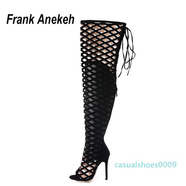 

thigh high gladiator sandals boots women peep toe netted cut-out over knee gladiator boots high heel sandal black c09