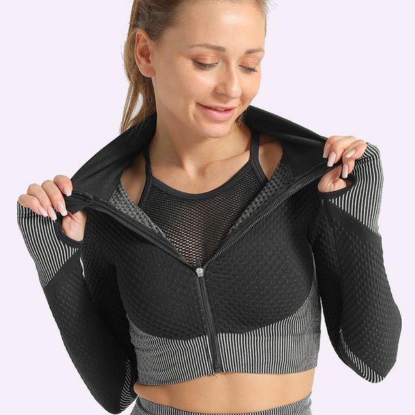 

sport seamless workout women long sleeve zipper crop shirt clothes yoga gym shirts, White;red