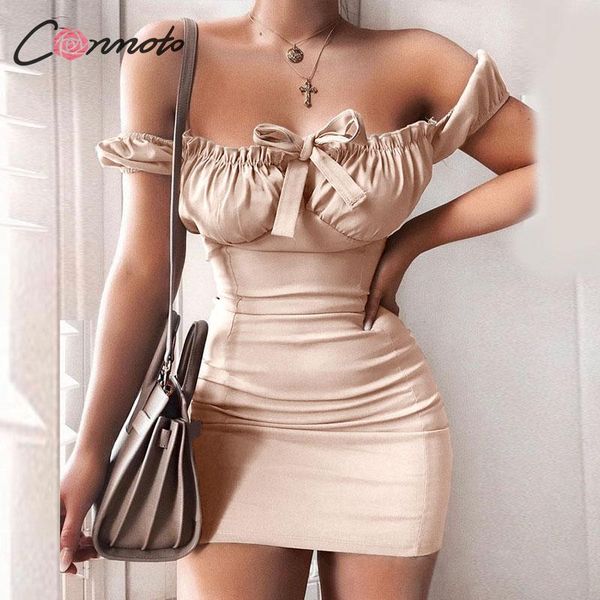 

conmoto off shoulder women dress solid bodycon bow hollo out short dresses female club mini dress vestidos, Black;gray