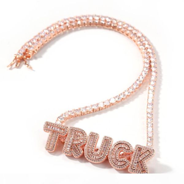 

custom name baguette letters with tennis chain full cz iced out zircon pendant gift hip hop jewelry, Silver