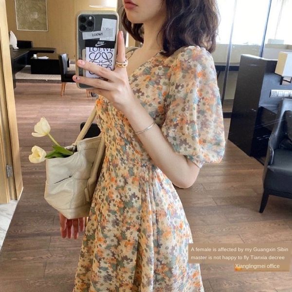 

korean style flower island girl oil painting oil painting dress v-neck chiffon daisy french floral dress women's xia chun new, Black;gray
