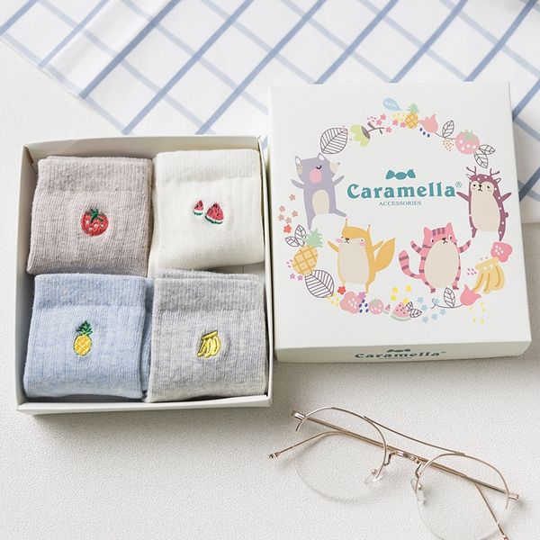 

caramella дети дети новый подарок коробок 4 паров вышитых детских носков сплошного цвета в штучной упаковке детских носков, Pink;yellow