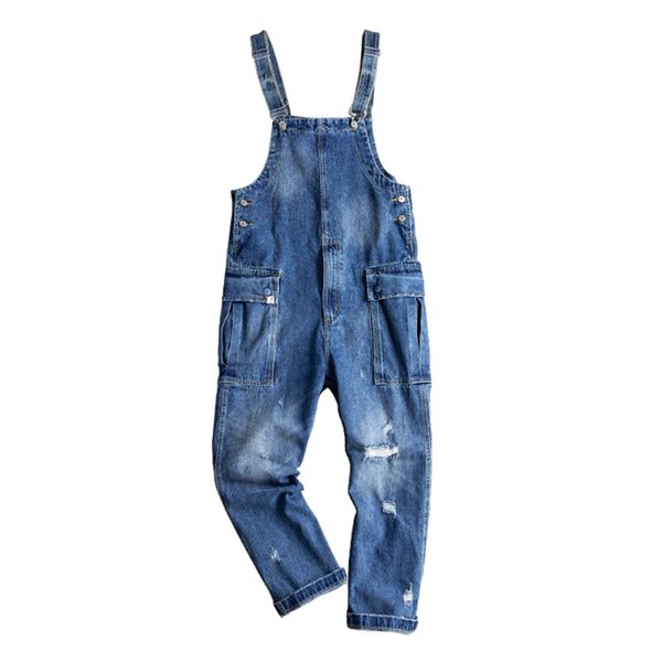 

men's jeans kiovno men cargo casual bib overalls multi pockets streetwear jumpsuits for male suspender pants size -2xl, Blue