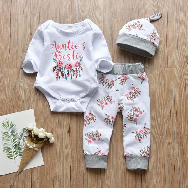 

bestie с длинным рукавом rompers младенца девочек одежда 3шт letter тетушки + брюки + hat infant эпикировка set осень новорожденного одежда, White