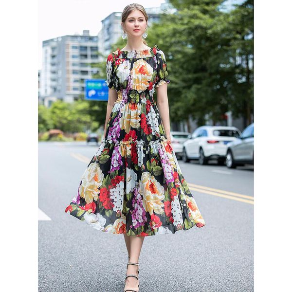 

women dress 2020 summer runway slash neck short sleeves floral print casual beach dresses vestidos np1161n, Black;gray