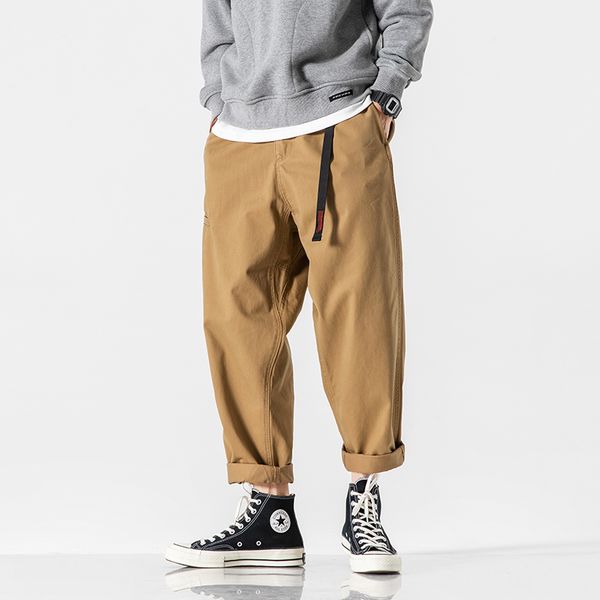 

male loose harem ankle length cargo pant men japan streetwear fashion elastic waist belt casual loose harem pant, Black
