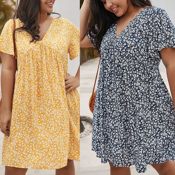 

casual dresses floral print boho dress summer plus size women loose short sleeve v neck beach, Black;gray