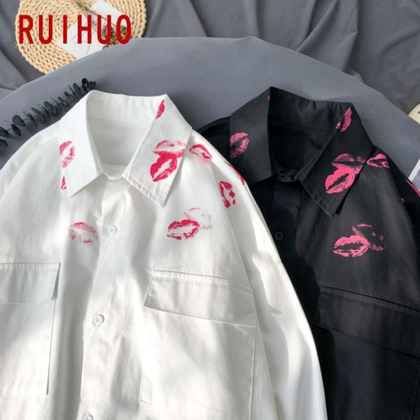 

ruihuo kiss print shirt mens shirts for boys men clothing white blouse korean clothes streetwear 2020 new arrival -5xl, White;black