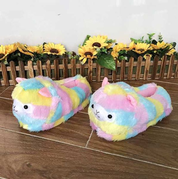 

2020 cute colorful alpaca fur slippers women's home indoor slippers warm winter cotton shoes non slip house bedroom shoes, Black