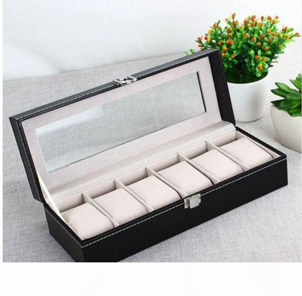 

6 grid pu leather watch storage box rectangle wristwatch holder jewelry display case for gifts ll@17, Black;blue