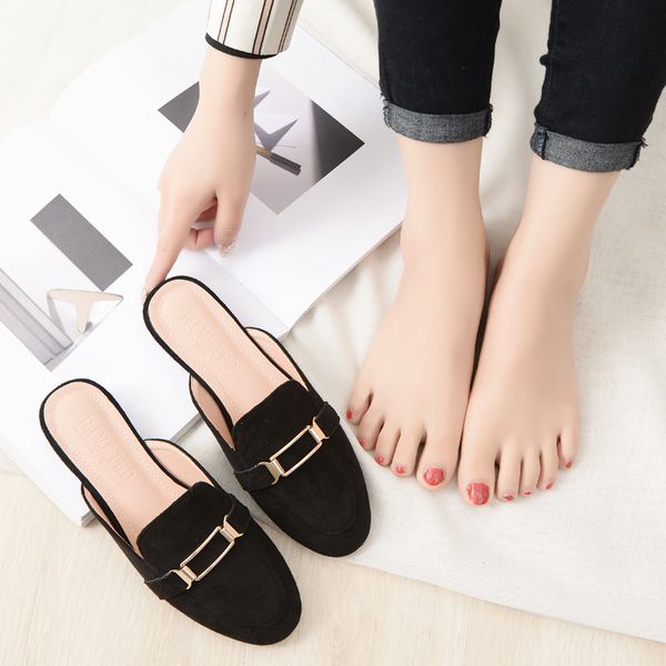 

mule shoes women sandals brand designer shoes metal decorate mules slippers pointed toe flip flops low heels beach slippers, Black