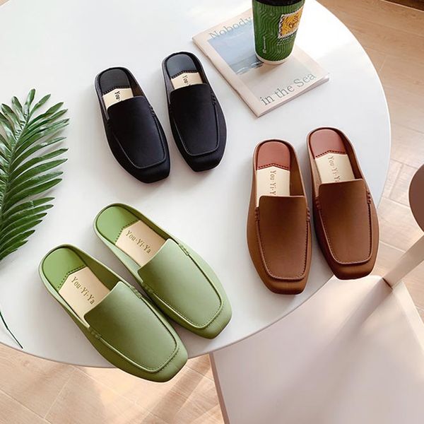

pu rubber non-slip cover head slippers women women's spring convenient wear slippers fashion plus size 36-40 mint green flat, Black