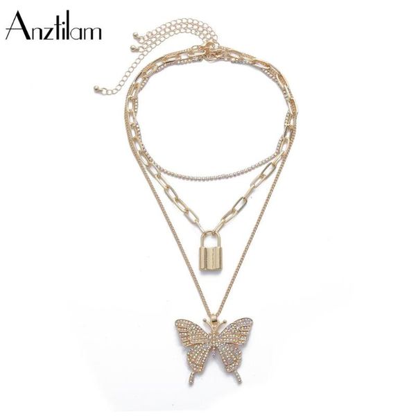 

anztilam fashion iced out sparking bling rhinestones gold butterfly lock women girl jewelry tennis chain hip hop cool necklace, Silver