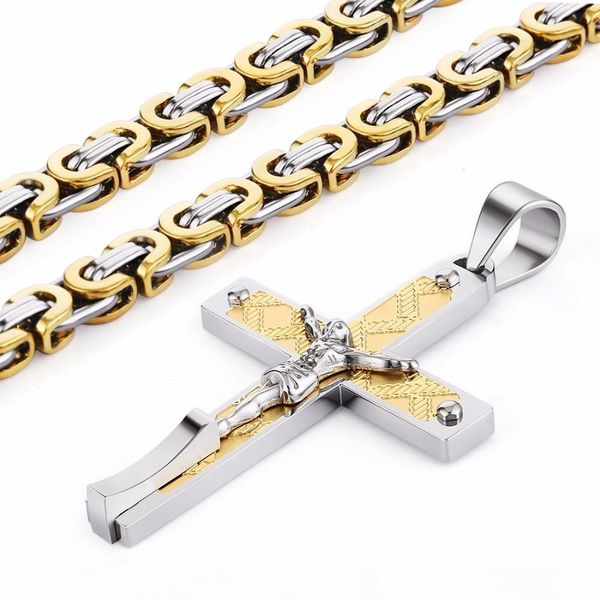 

stainless steel necklaces pendants gold black tone fleur-de-lis cross pendant necklace long byzantine chain men jewelry, Silver