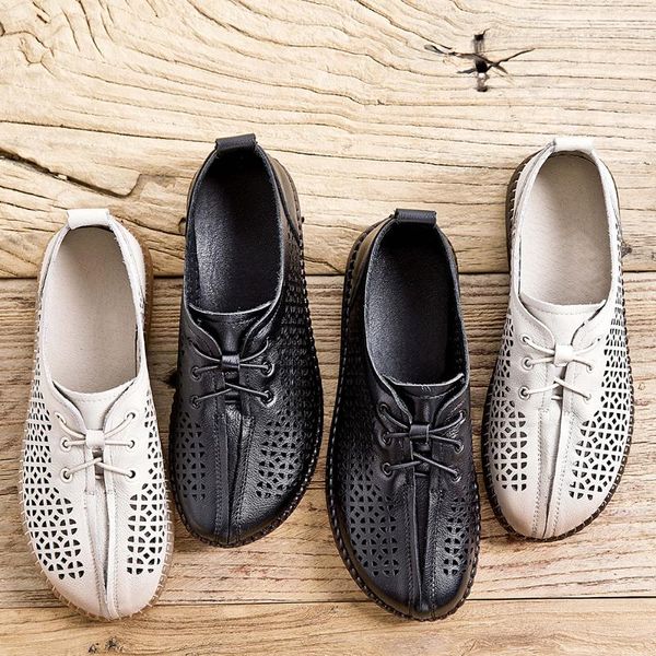 

tilocow lace up soft bottom flats shoes woman genuine leather shoes for women hollow out flats female breathable casual, Black