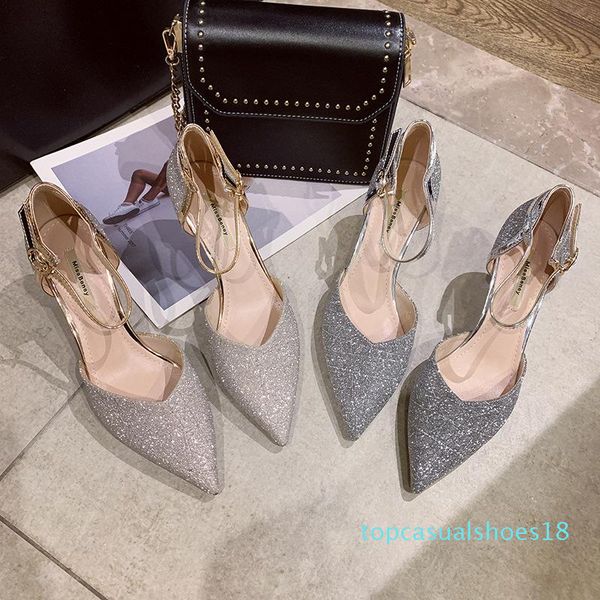 

womens 2020 summer pointed hollow shoes gold pink leather womens shoes stiletto short heel buckle fashion t18, Black