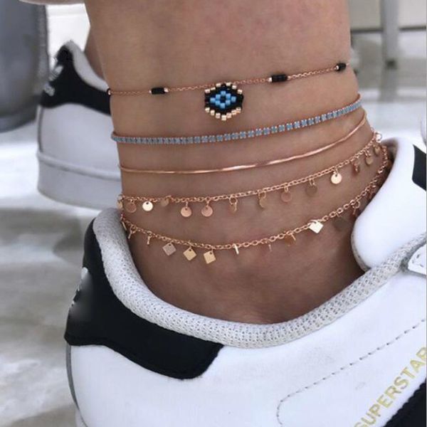 

5шт / наборы кисточки anklet-наборы браслеты для женщин красочного блестящего кристалл камня геометрической цепи ноги богемских ювелирных из, Red;blue