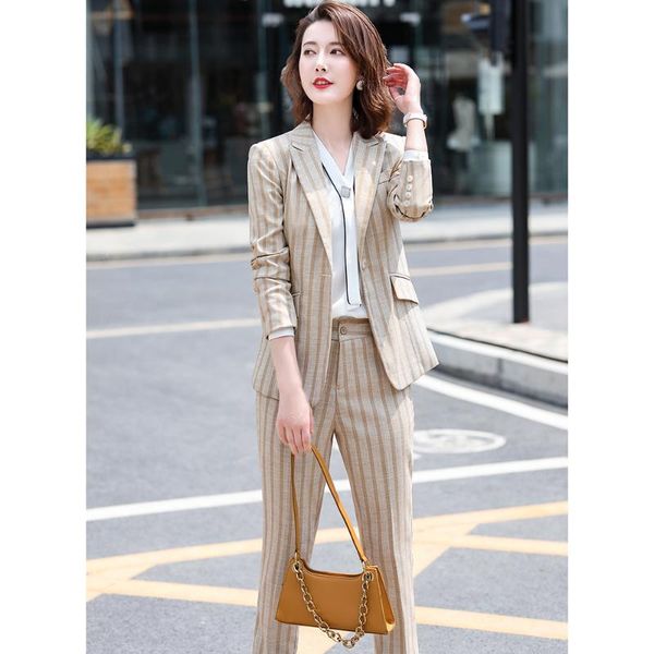 

new female green stripe elegant women office lady pant suits of business blazer suit jackets length trouser two pieces set, White;black