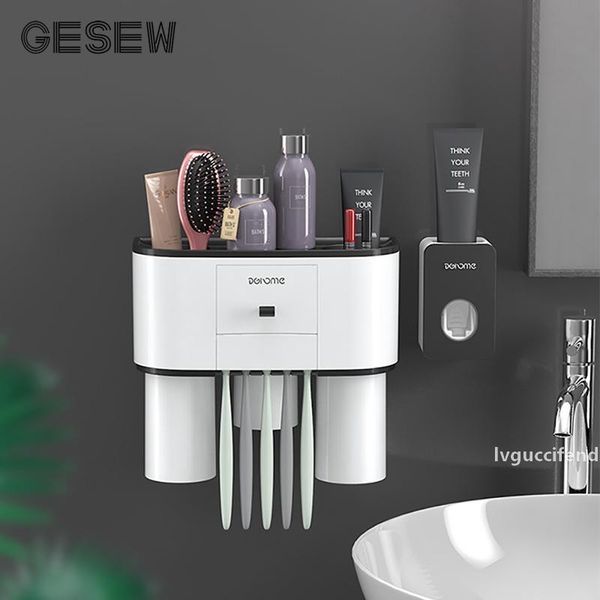

gesew holder automatic toothpaste dispenser wall-mounted storage rack toothbrush cup bathroom accessories sets t200507