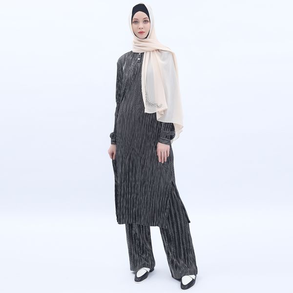 

abaya turkey dubai muslim women two piece set pleated long & pants turkish islamic clothing chemise longue femme musulmane
