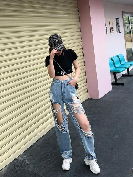 

women's jeans 2021 style with broken holes and open legs women jean, Blue