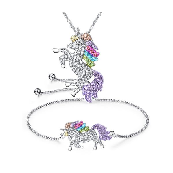 

crystal unicorn necklace bracelet jewelry set diamond silver gold unicorn pendants fashion jewelry for women gift drop ship 380162
