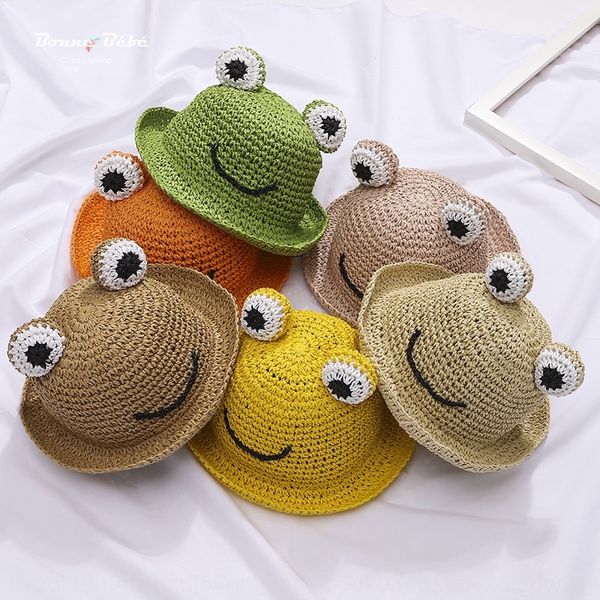 

summer handmade plaited sun-shading children fisherman cute fisherman straw hat frog korean foldable sun-proof baby straw hat tide, Blue;gray