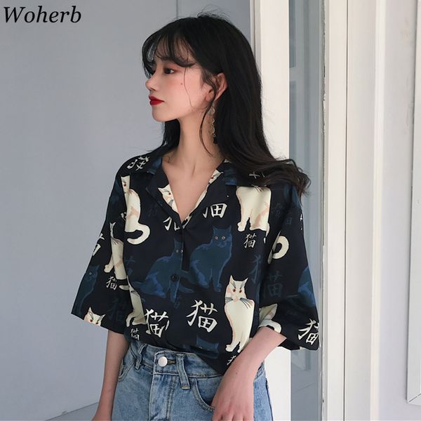 

woherb harajuku женщина топы и блузки 2020 корейской мода одежда смазливой kawaii рубашки мультфильм животные cat печать дряблой blusas, White