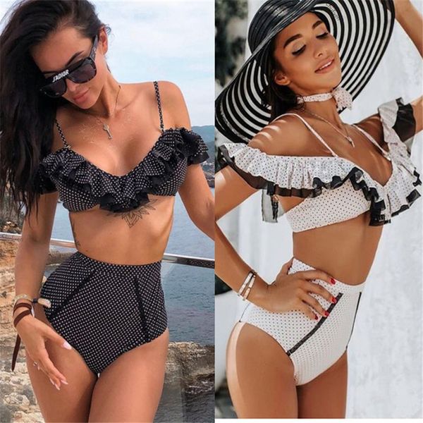 

polka dot high waist bikini 2020 solid mesh ruffles bathing suit biquini push up swimsuit female bandeau swimwear women monokini, White;black