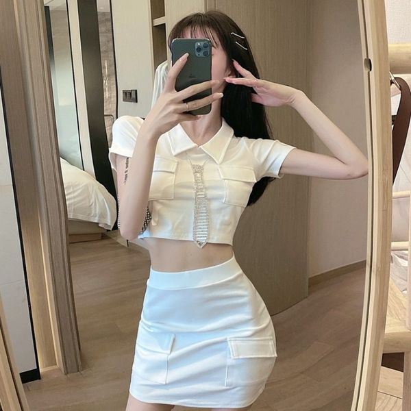 

2020 new fashion short navel high waist super a bag hip skirt two-piece suit female fashion, White