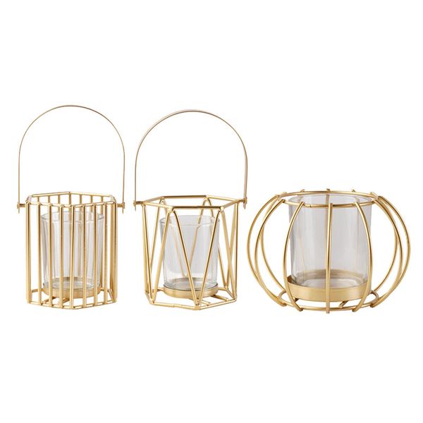 

golden geometric lantern with portable handle and glass cylinder metal wire candle holder party favors wedding centerpieces