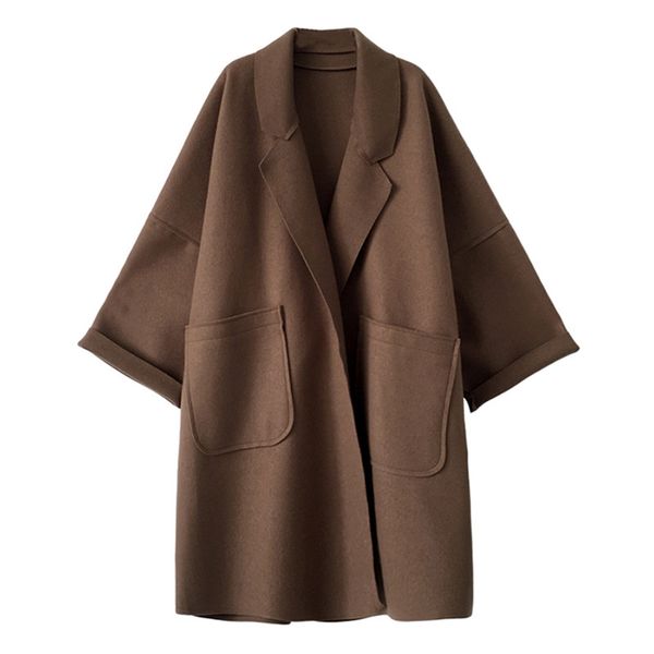 

women's wool & blends fashion loose oversize woolen spring coat long style plus size brown and black pocket female jacket