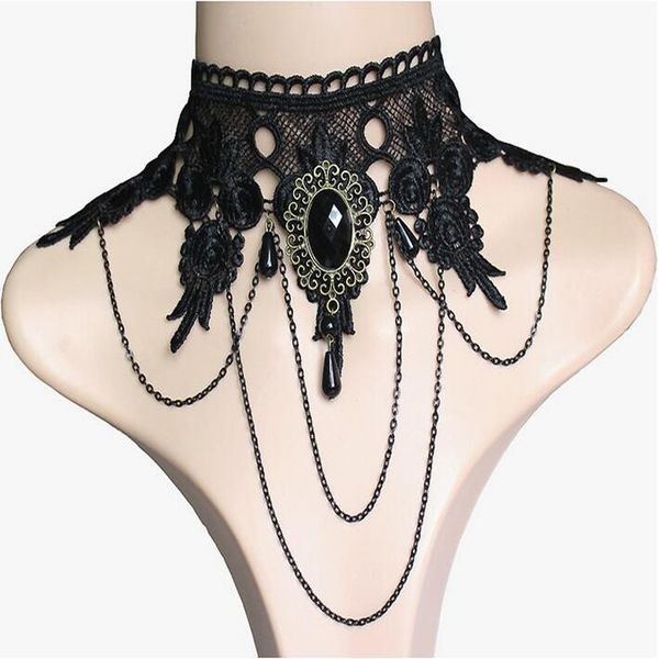 

новые женщины черный gemstone широкий lace готическая чокеры ожерелья год сбора винограда цепи кисточкой bib воротник ожерелье lx, Golden;silver