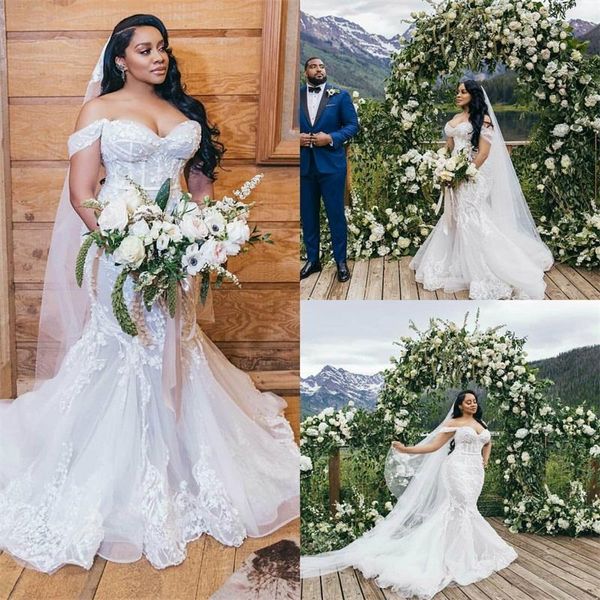 

2020 plus size mermaid wedding dresses off-shoulder lace wedding gown backles sweep train custom made vestidos de novia robe de mariee, White