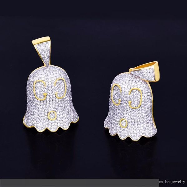

new ghost emoji pendant necklace gold silver color iced cubic zircon men hip hop jewelry with tennis chain