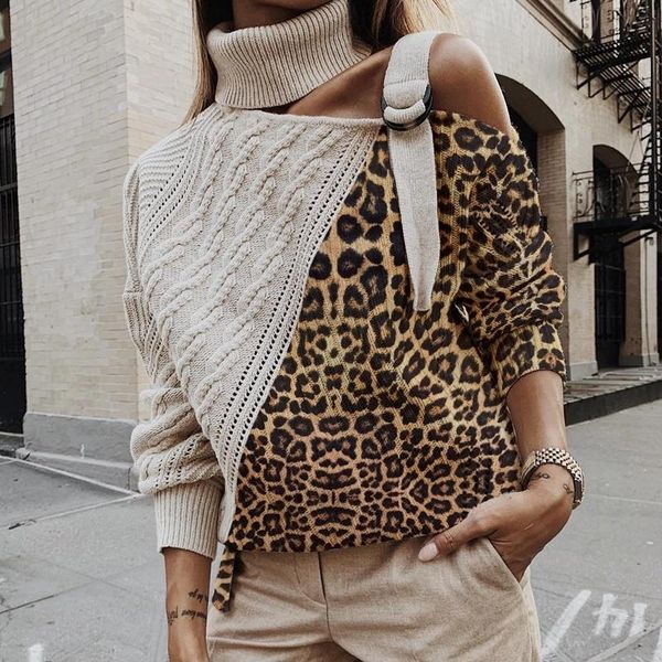 

2020 women's leopard turtleneck knit sweaters jumper autumn winter strap one shoulder pullover lady long sleeve knitwear female, White;black