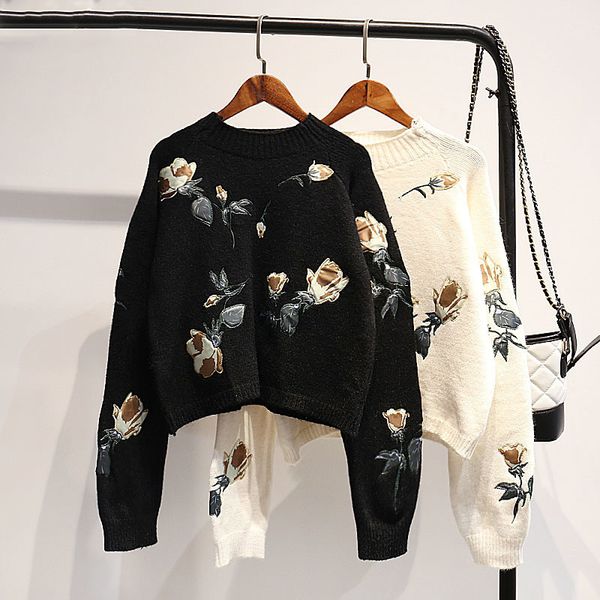 

vintage sweater pullovers women autumn winter korean new loose slim studen knit pull femme short floral ladies top, White;black
