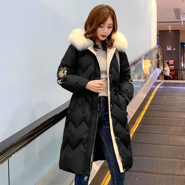 

new big fur winter coat thickened parka women stitching slim long winter embroidered coat down cotton ladies down parka down jacket women