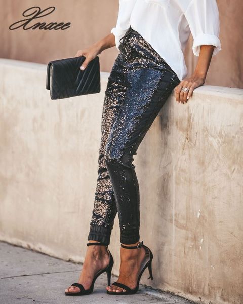 

xnxee pu leather patchwork sequins pants women fashion pencil lace bright pants long club casual clothes, Black;white
