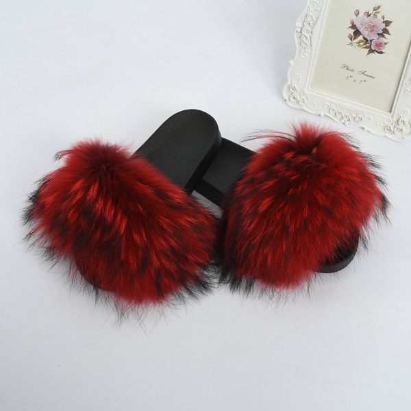 

jancoco fashion raccoon wide sliders fuzzy fur slide slippers, Black