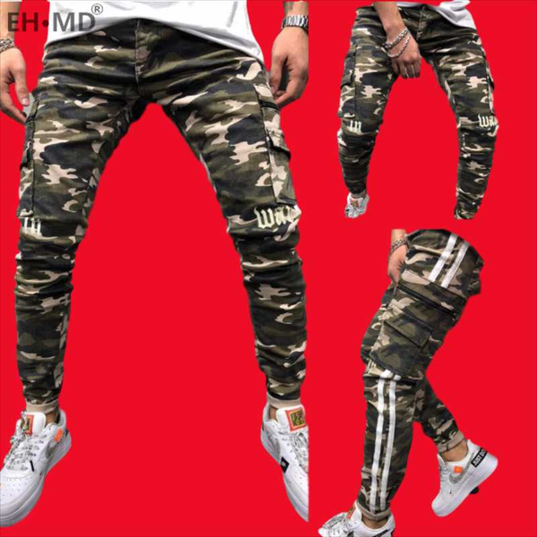 

ehÂ·mdÂ® camouflage jeans men's side double striped holes large pockets calf beamed pants slim cotton tight breathable comfortable, Blue