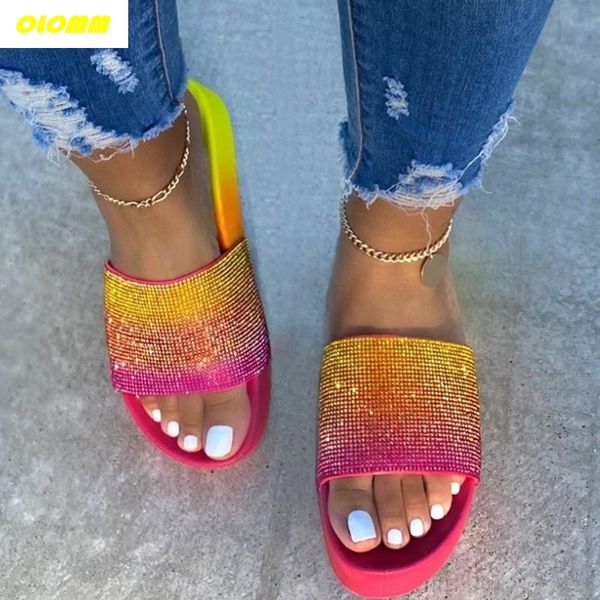 

2020 fashion rhinestone diamond bling beach slipper mix-color sandals handmade crystal thick bottom outdoor casual slippers, Black