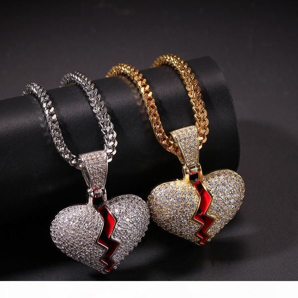 

iced out small broken heart pendant necklace with tennis chain gold silver color cubic zircon hip hop jewelry