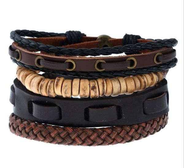 

2020 cowhide bracelet retro punk bracelet wooden beads men's leather bracelet size adjustable 4styles/1set, Black