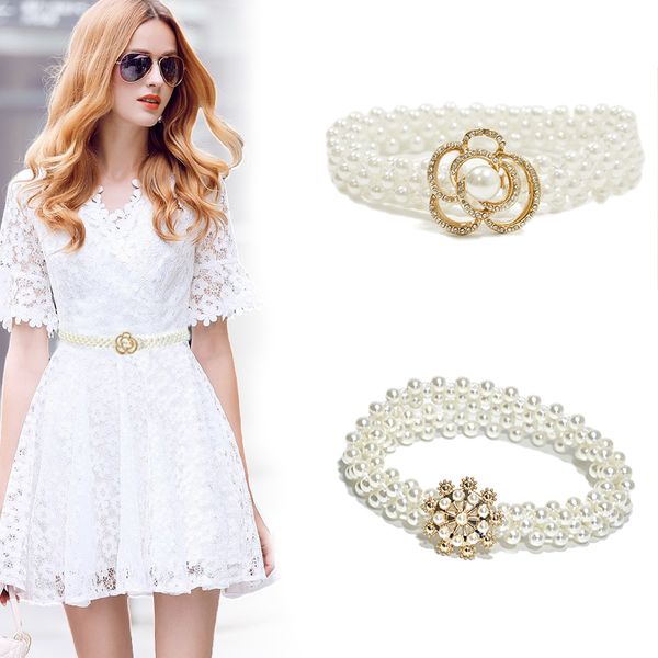 

elegant women pearl crystal belt flower elastic buckle waist belt female girls dress chain cummerbunds waistband, Black;brown