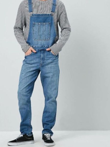 

men's jeans mens fashion loose high waist conjoined casual vintage pure color multi-pocket the jogger work job pants men sling pan, Blue