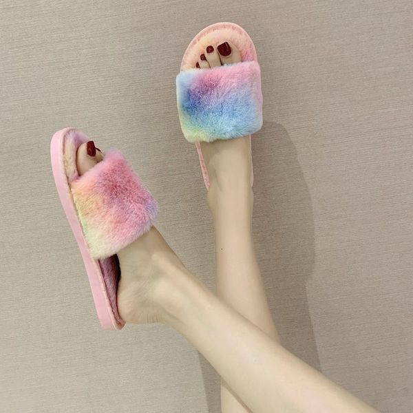 

2020 winter women home slippers with faux fur fashion warm shoes female rainbow plush cotton slippers 1-word wool, Black