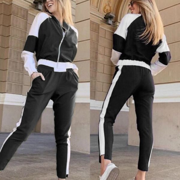 

womens tracksuit autumn fashion splice two piece zipper long sleeve pocket long pants sport casual pants female suit set #45, Gray