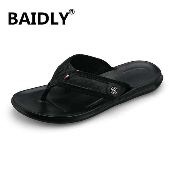 

men's flip flops genuine leather luxury slippers beach casual sandals summer for men fashion slipper male water shoes, Black